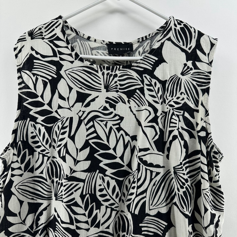 PREMISE Black & White LINEN Sleeveless BOHO Botanical Tank Top Shirt WOMENS XL - Picture 2 of 9